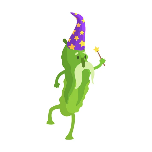 Komkommer In Wizard kostuum met toverstaf, onderdeel van groenten In Fantasy vermommingen serie van dom stripfiguren — Stockvector