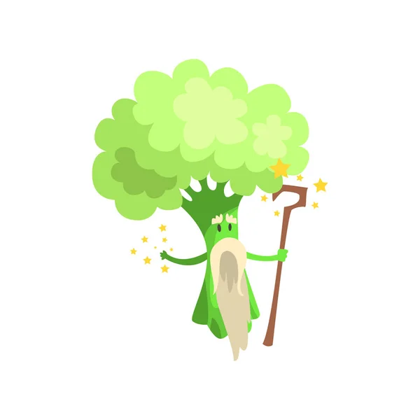 Broccoli Wizard With Staff And White Beard, Part Of Vegetables In Fantasy Disguises Series Of Cartoon Silly Characters — Stock Vector
