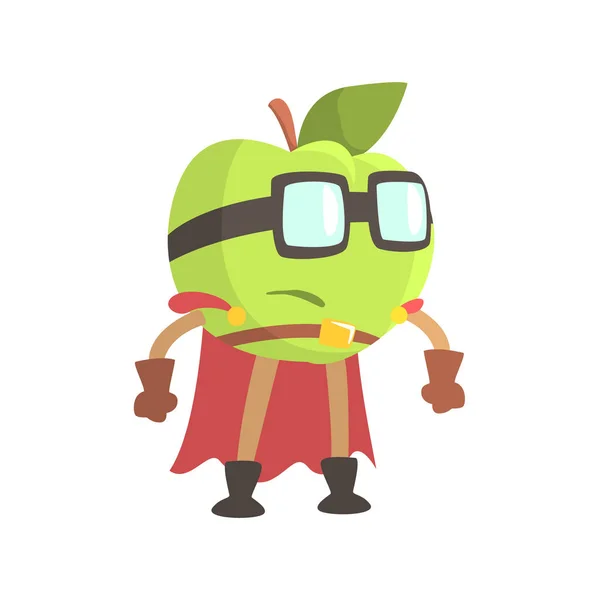 Maçã em óculos vestindo traje de super-herói do cabo, parte de frutas em fantasia Disfarça série de personagens tolos de desenhos animados — Vetor de Stock