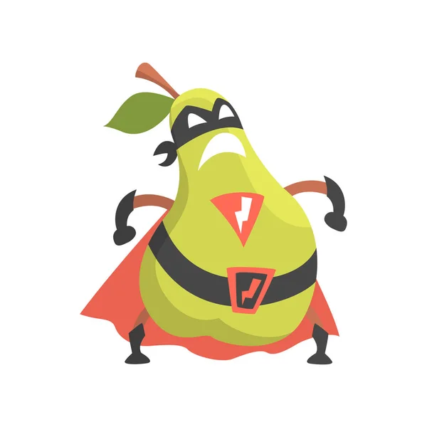 Pêra vestida como super-herói com cabo e máscara, parte de vegetais em fantasia disfarça série de personagens tolos de desenhos animados — Vetor de Stock