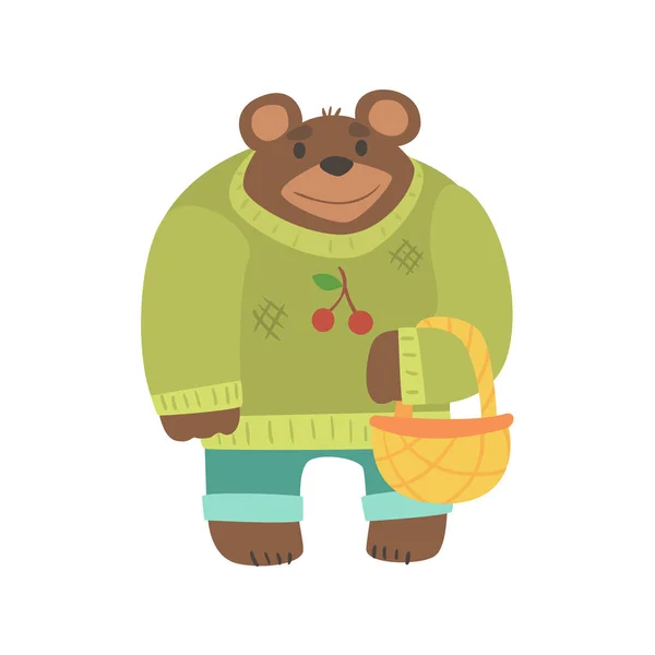 Ours brun en pull avec panier en osier, animal de la forêt habillé de vêtements humains sourire personnage de bande dessinée — Image vectorielle
