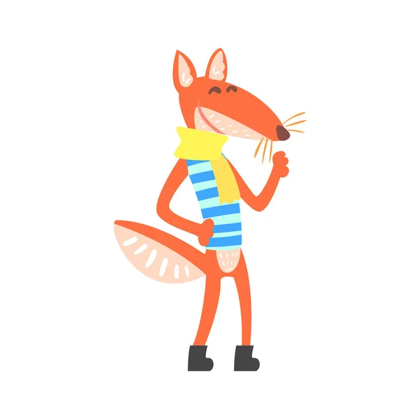 Fox In gestreept, mouwloos mariene Top en sjaal, Forest dier gekleed In menselijke kleren glimlachend stripfiguur — Stockvector