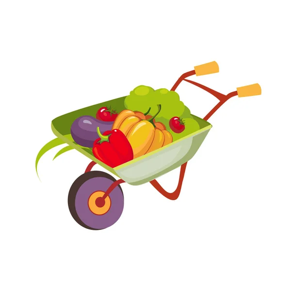 新鲜蔬菜收获在车轮每桶、 农场和农业相关的插图中明亮的卡通风格 — 图库矢量图片