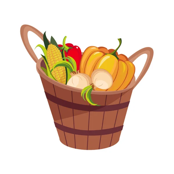 Cosecha de verduras frescas fijada en cubo de madera, granja y agricultura Ilustración relacionada en brillante estilo de dibujos animados — Vector de stock