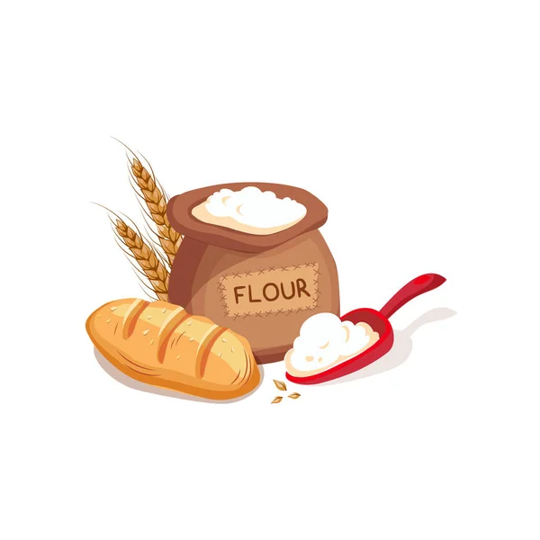 Hadřík pytel mouky, dávkovačem a čerstvý chléb sada, hospodářství a zemědělství související ilustrace v světlé kreslený styl — Stockový vektor
