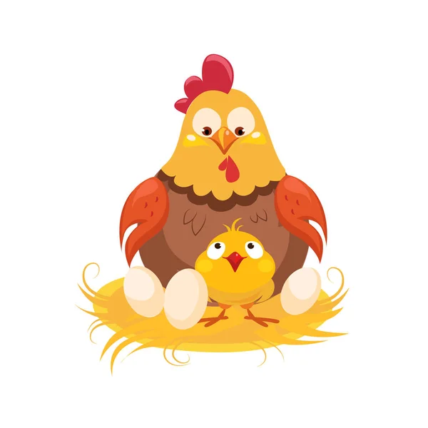 Madre y bebé pollo en el nido con un par de huevos, granja y agricultura Ilustración relacionada en brillante estilo de dibujos animados — Archivo Imágenes Vectoriales