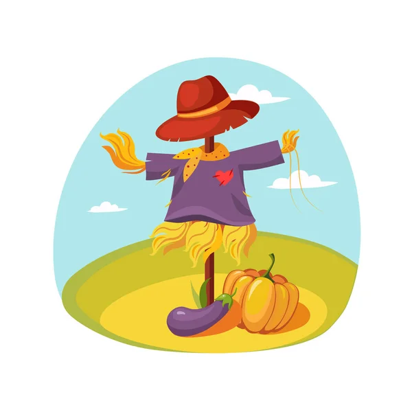 Espantapájaros en ropa de pie en un campo con calabaza debajo, granja y agricultura Ilustración relacionada en brillante estilo de dibujos animados — Vector de stock