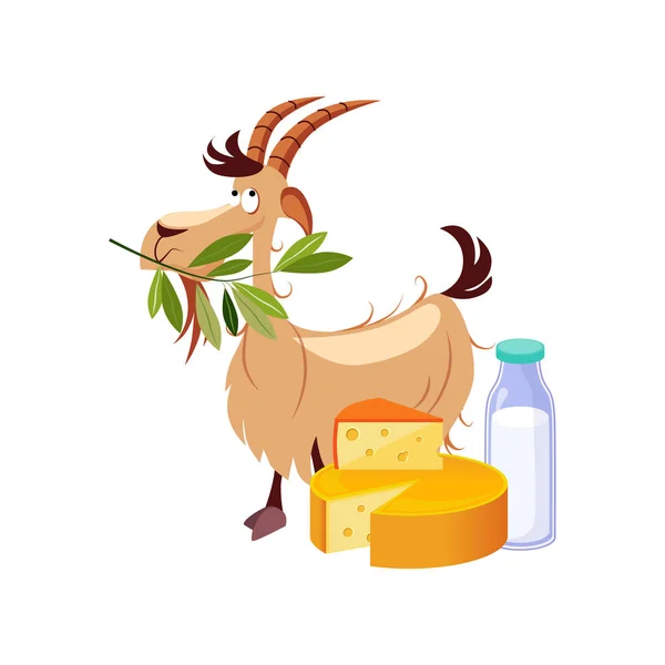 Goat Eating a Branch and Set of Cheese and Milk Dairy Food, Farm and Farming Related Illustration In Bright Cartoon Style — стоковый вектор