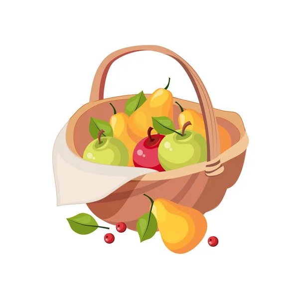 Fresh Garden Fruit Harvest In Wicker Picnic Basket, Farm And Farming Related Illustration In Bright Cartoon Style (dalam bahasa Inggris) - Stok Vektor