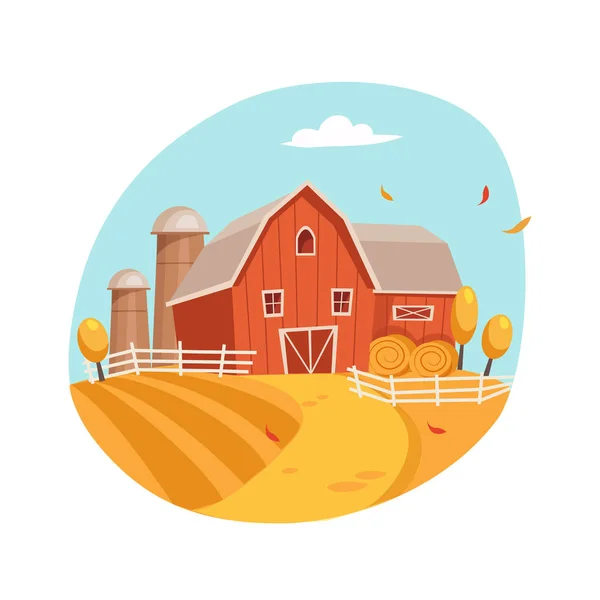 Herbstlandschaft mit Haus und Scheune auf dem Feld, Bauernhof und Landwirtschaft verwandte Illustration im hellen Cartoon-Stil — Stockvektor