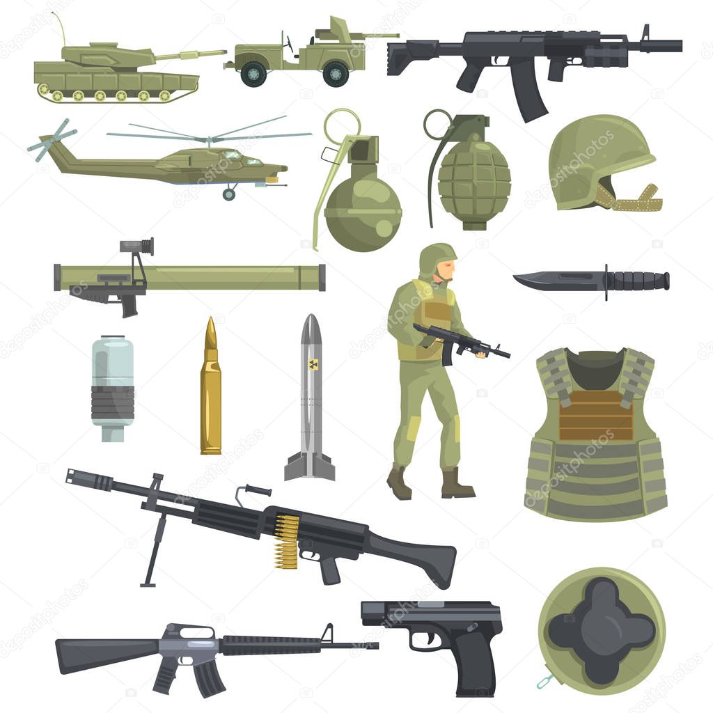 Professional Army Infantry Forces Weapons, Transportation And Soldier Equipment Set Of Realistic Objects In Khaki Color