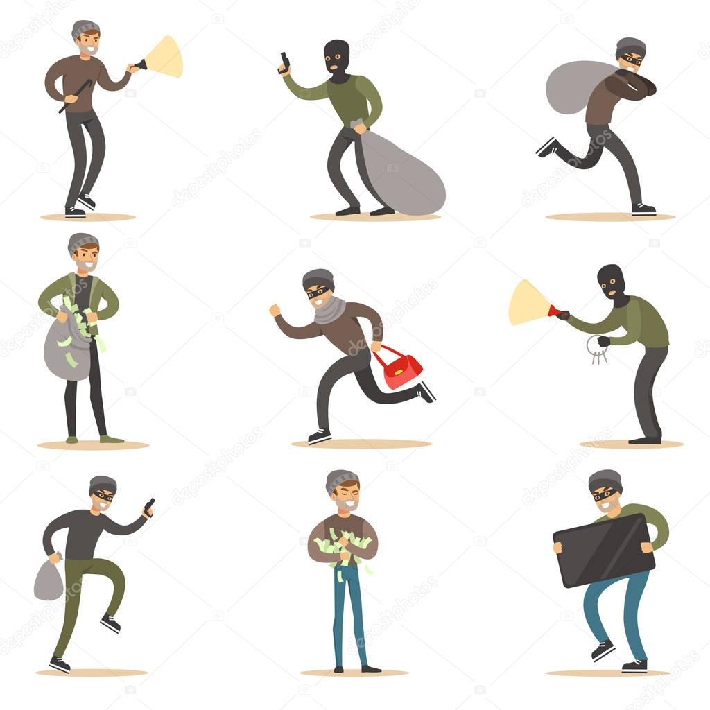 Burglars, Muggers And Thieves Set Of Smiling Criminals At The Crime Scene Stealing Vector Illustrations