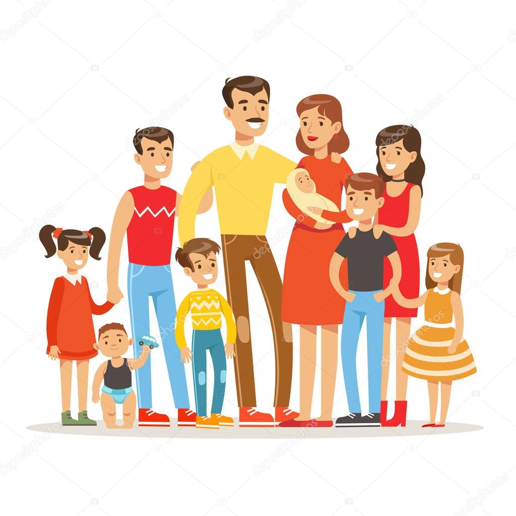 Happy Big Caucasian Family With Many Children Portrait With All The Kids And Babies And Tired Parents Colorful Illustration