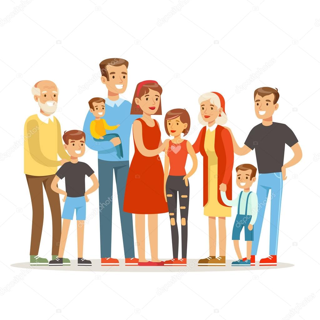 Happy Big Caucasian Family With Many Children Portrait With All The Kids And Babies And Tired Parents Colorful Illustration