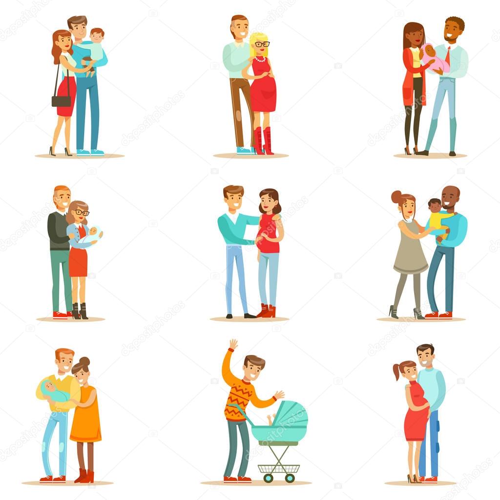 Young And Expecting Parents With Small Babies And Toddlers Set Of Happy Full Family Portraits.