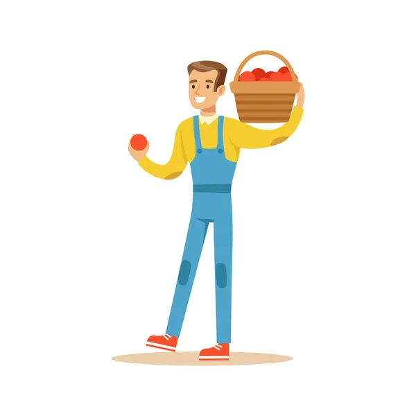 Homem com cesta de maçãs frescas, agricultor trabalhando na fazenda e vendendo no mercado de produtos orgânicos naturais — Vetor de Stock