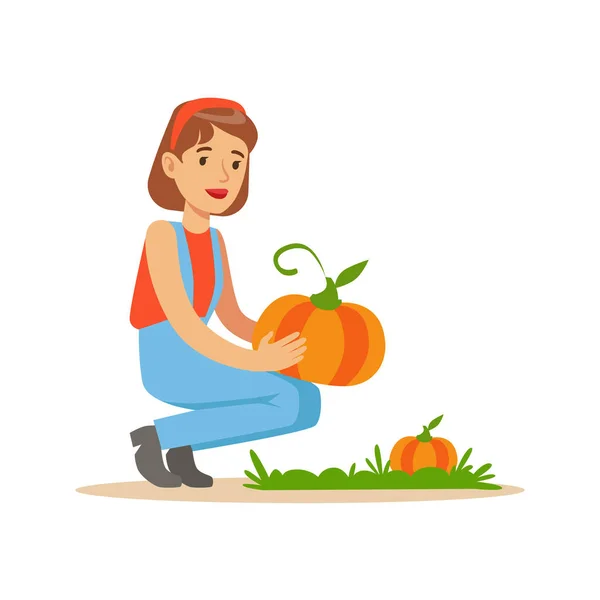 Woman Harvesting Pumpkins, Farmer Working At The Farm And Selling On Natural Organic Product Market — Stock Vector