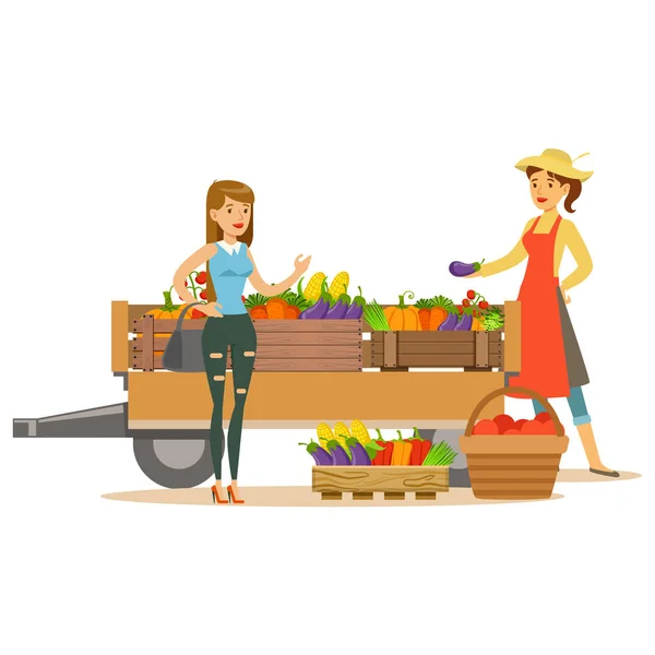 Žena s dřevěný vozík se zeleninou a klienta, zemědělci pracující na farmě a prodej na trhu přírodních organických výrobků — Stockový vektor