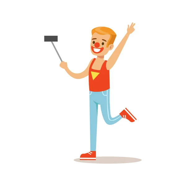 Kluk v převleku klauna s Selfie s Dual-Mic, kostým strana obrázku s úsměvem a šťastné dítě na Festival Celebration — Stockový vektor