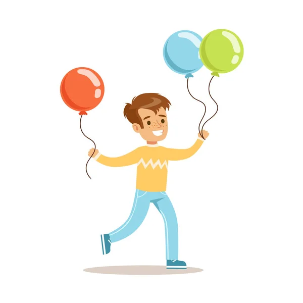 Chico con globos, niños disfrazados Ilustración de la fiesta con el niño sonriente feliz en la celebración del festival — Vector de stock