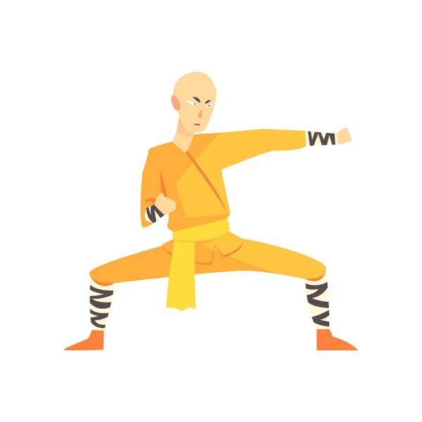 Careca asiático Shaolin Monk Kung Fu artes marciais lutador, lutando esportes profissional na luta tradicional roupas esportivas — Vetor de Stock