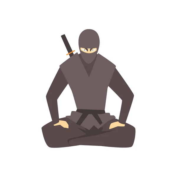 Ninja indossa vestiti neri completi di copertura arti marziali combattente, combattente sport professionale nella lotta tradizionale abbigliamento sportivo — Vettoriale Stock