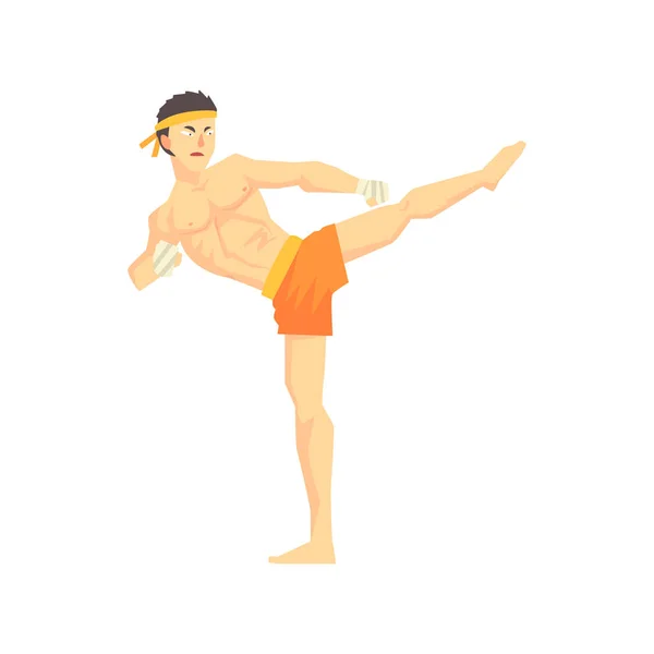 Guy em shorts Karate artes marciais lutador, lutando esportes profissional em roupas esportivas de luta tradicional — Vetor de Stock