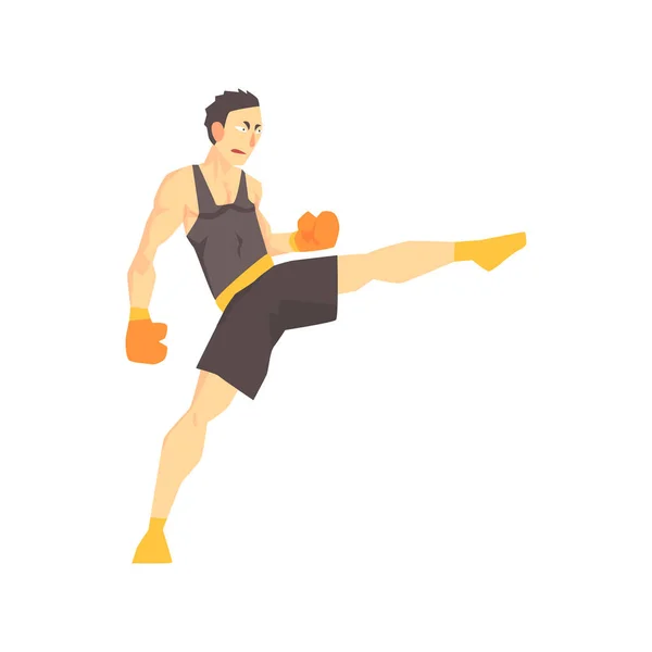 Mannen i boxning handskar och svart enhetlig kickboxning kampsport Fighter, striderna sport Professional i traditionella kämpar sportiga kläder — Stock vektor