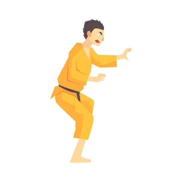 Adam sarı Kimono Kung Fu dövüş sanatları savaşçı, spor profesyonel geleneksel mücadele sportif giyim — Stok Vektör