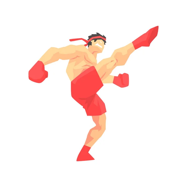 Hombre en pantalones cortos rojos y guantes de boxeo tailandés artes marciales de combate, la lucha contra los deportes profesionales en la lucha tradicional ropa deportiva — Vector de stock