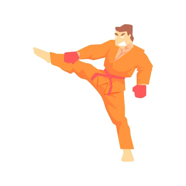 Homem em laranja Kimono Taekwondo lutador de artes marciais, lutando esportes profissional em roupas esportivas de luta tradicional — Vetor de Stock