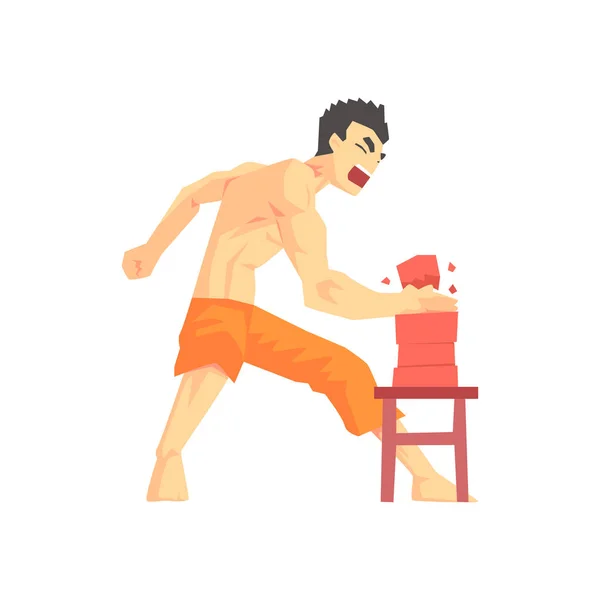 Man att bryta tegelstenar med Hand Judo kampsport Fighter, Fighting Sports Professional i traditionella kämpar sportiga kläder — Stock vektor