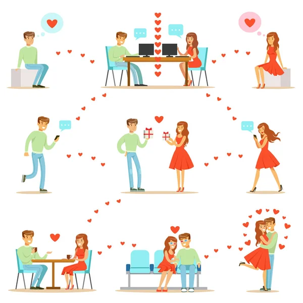 Homem e mulher encontrando amor e namoro usando sites de namoro e aplicativo em smartphones e computadores ilustração infográfica — Vetor de Stock