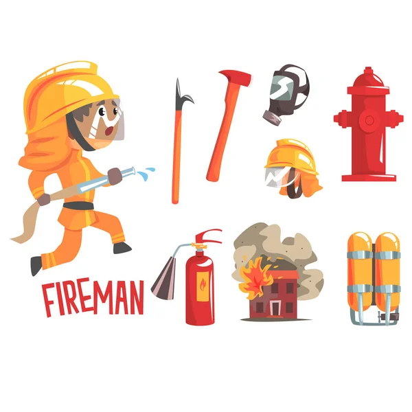 Jongen brandweerman, Kids toekomstige droom brandweerman professionele bezetting illustratie met gerelateerde op beroep objecten — Stockvector