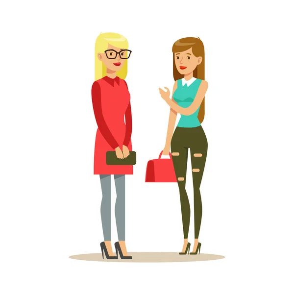 Happy Best Friends Meet On The Street Standing Chatting, Part of Friendship Illustration Series — стоковый вектор