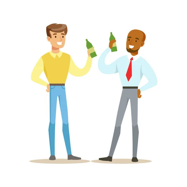 Felices mejores amigos tomando una cerveza después del trabajo, parte de la serie de ilustración de amistad — Vector de stock