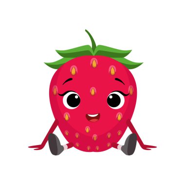 Büyük gözlü sevimli kız gibi çilek karakter otururken, Bebek Berry ile Emoji etiket