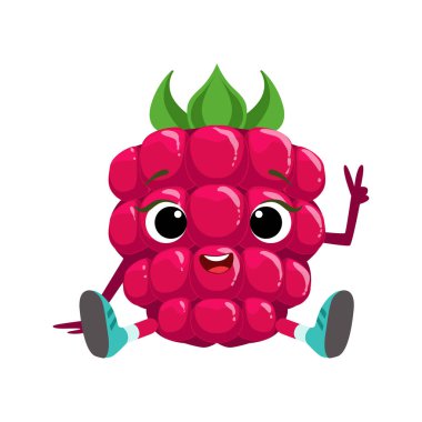 Büyük gözlü sevimli kız gibi ahududu karakter otururken, Bebek Berry ile Emoji etiket
