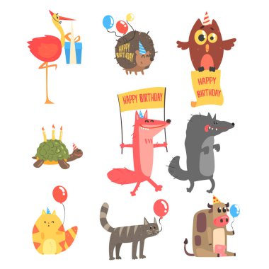 Çocuklar mutlu doğum günü kutlama, parti özniteliklerle funky hayvanlar karikatür Fauna karakter kümesini