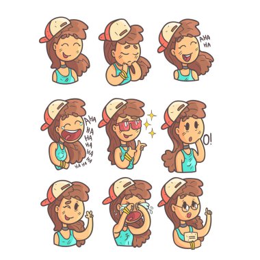 Elle çizilmiş Emoji serin üst koleksiyonundaki Cap, gerdanlık ve mavi kız portre özetlenen