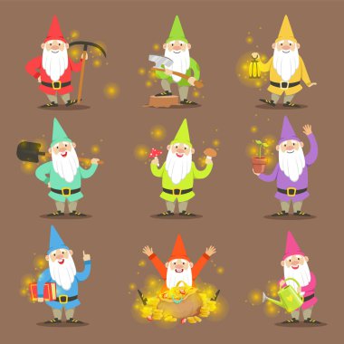 Klasik Bahçe Gnomes renkli kıyafetler içinde çizgi film karakterleri farklı durumların ayarla