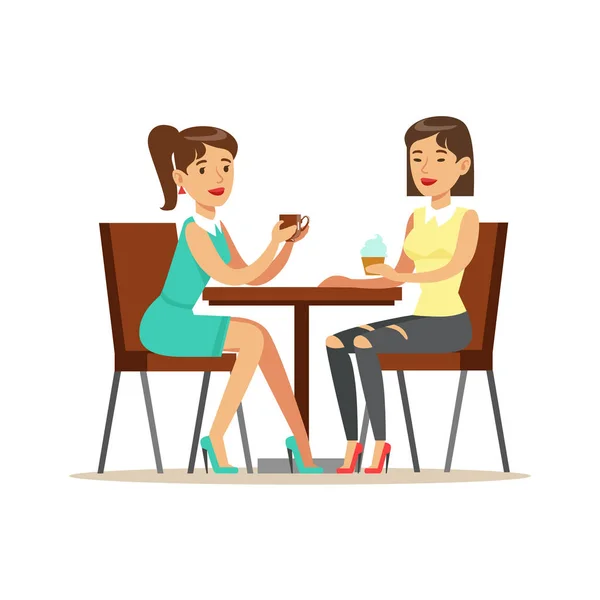 Happy Best Friends Drinking Coffee In Cafe, Part of Friendship Illustration Series — стоковый вектор