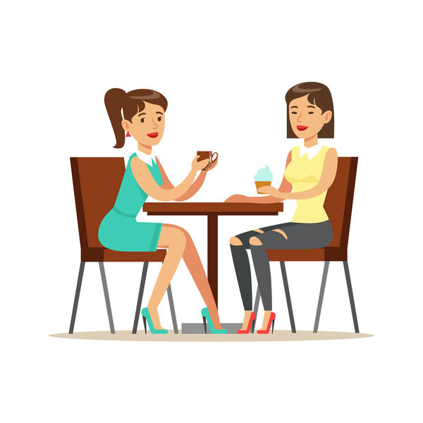 Happy Best Friends Drinking Coffee In Cafe, Part Of Friendship Illustration Series