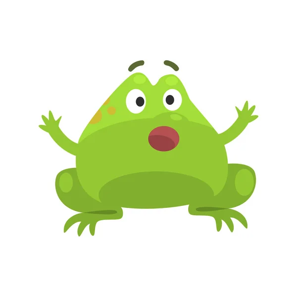 Yeşil kurbağa şok komik karakter çocukça çizgi film illüstrasyon — Stok Vektör
