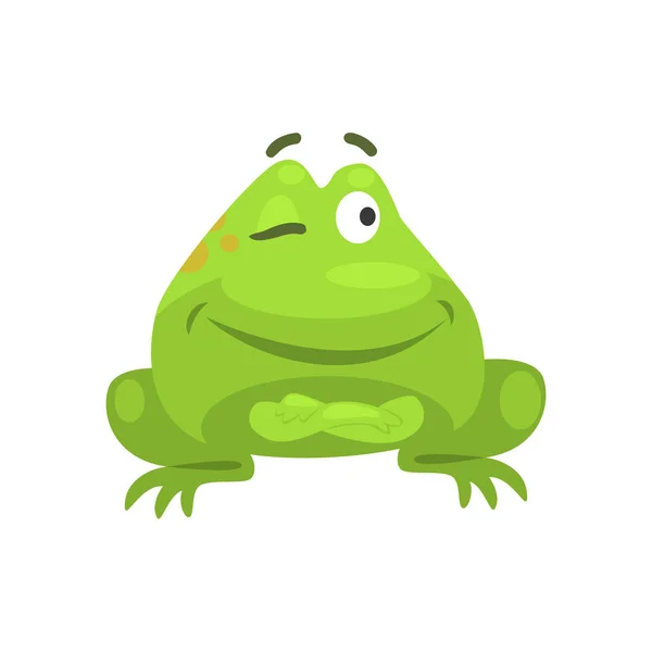 Zelfvoldaan Winking groene kikker grappig karakter kinderachtig Cartoon afbeelding — Stockvector