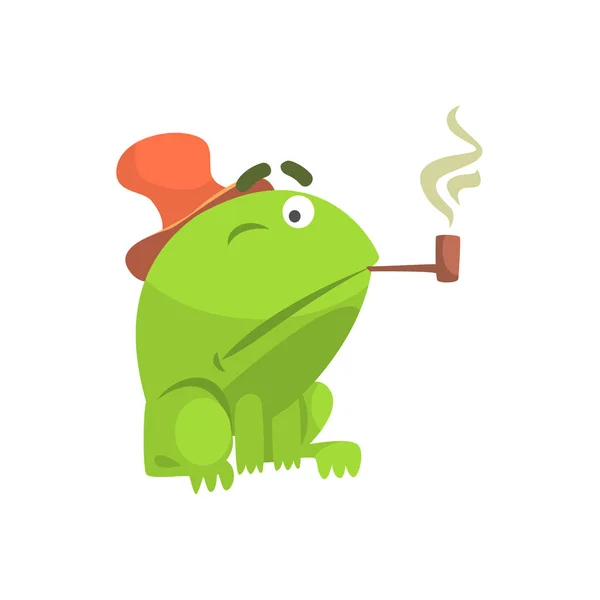 Verde rana divertido carácter fumar pipa infantil dibujos animados ilustración — Archivo Imágenes Vectoriales