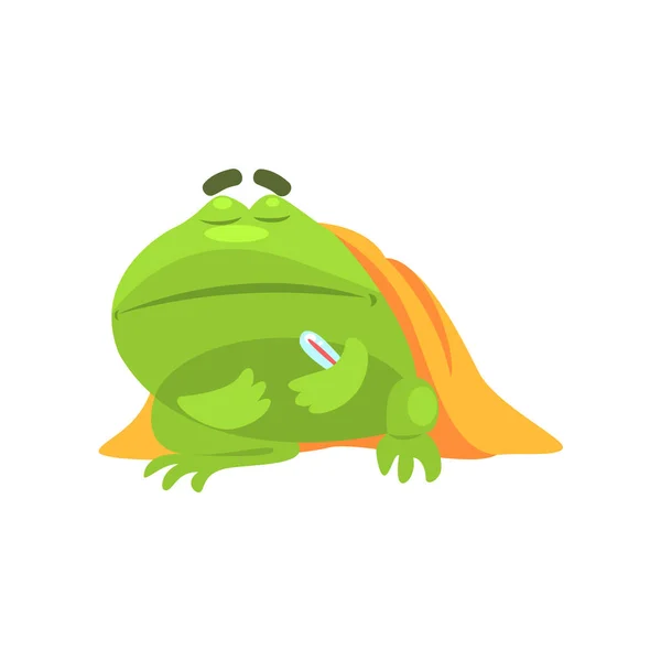 Άρρωστος πράσινο βάτραχο αστείο χαρακτήρα με κουβέρτα και θερμόμετρο παιδικά καρτούν εικονογράφηση — Διανυσματικό Αρχείο
