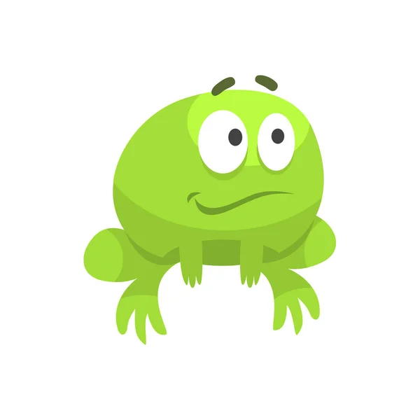 Lächelnd hoffnungsvolle großäugige grüne Frosch lustige Figur kindische Cartoon-Illustration — Stockvektor