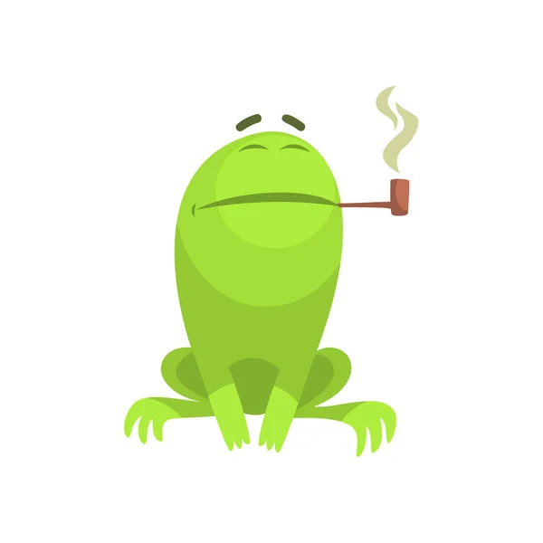 Green Frog Funny Character Smoking A Long Pipe Childish Cartoon Illustration — Stock Vector