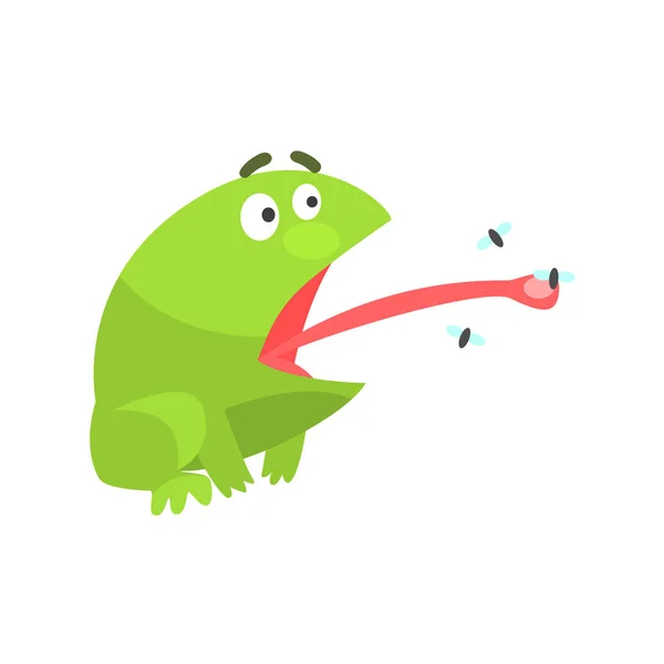 Groene kikker grappig karakter vangen vliegen met haar tong kinderachtig Cartoon afbeelding — Stockvector
